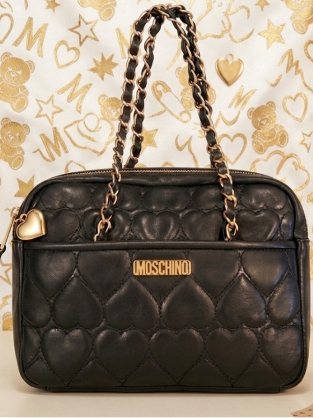 Authentic Moschino designer vintage black leather quilted heart handbag purse